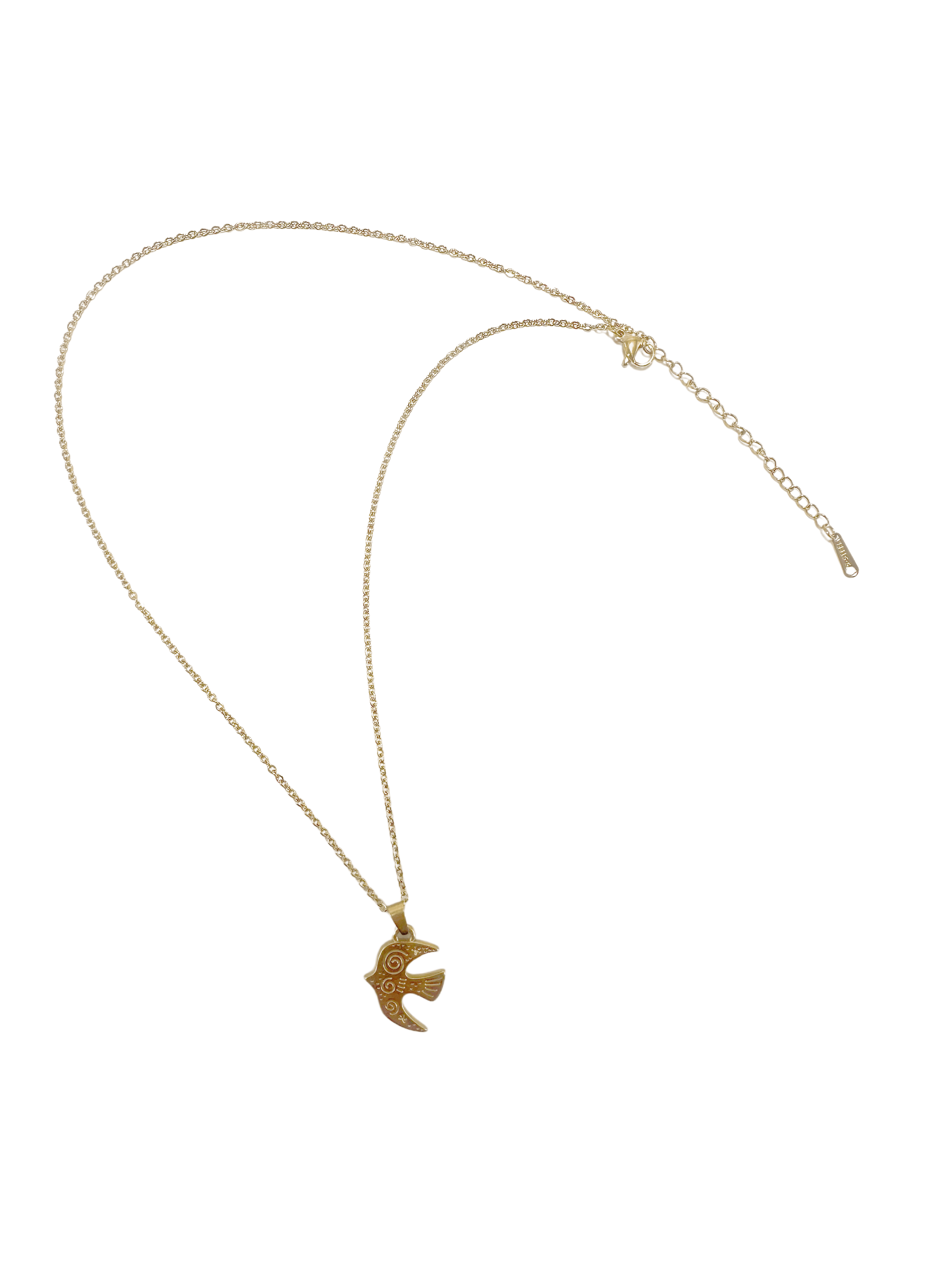 Full flat-lay view of the 18K gold bird necklace showing the entire delicate link chain, lobster clasp, and adjustable extender