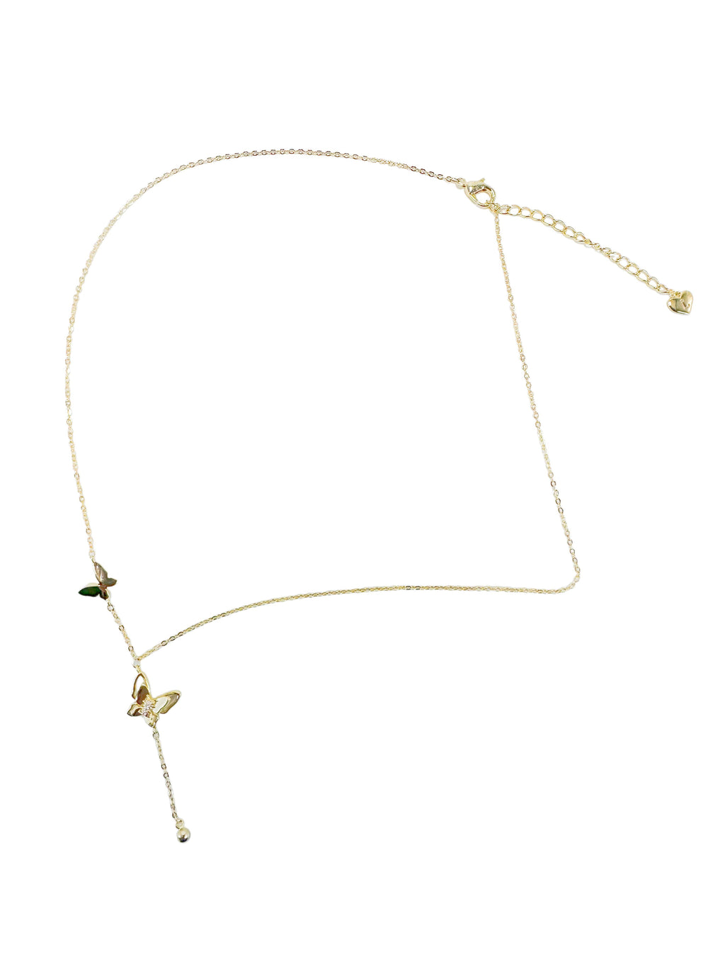 Full view of the Venture Craft 18K gold butterfly necklace laid flat, showcasing the delicate gold chain, adjustable extender with a heart charm, and the twin butterfly pendant design