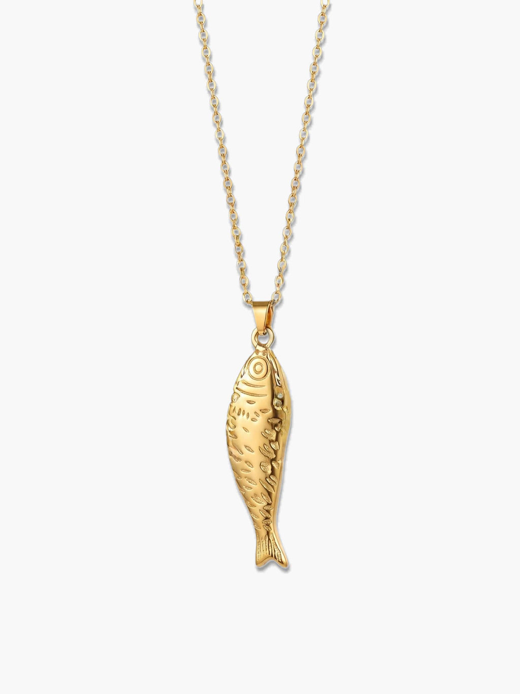 Front view of a vertical 18K gold fish pendant necklace featuring intricate textured scales, isolated against a clean minimalist light grey background