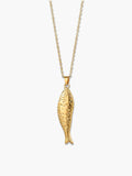 Front view of a vertical 18K gold fish pendant necklace featuring intricate textured scales, isolated against a clean minimalist light grey background