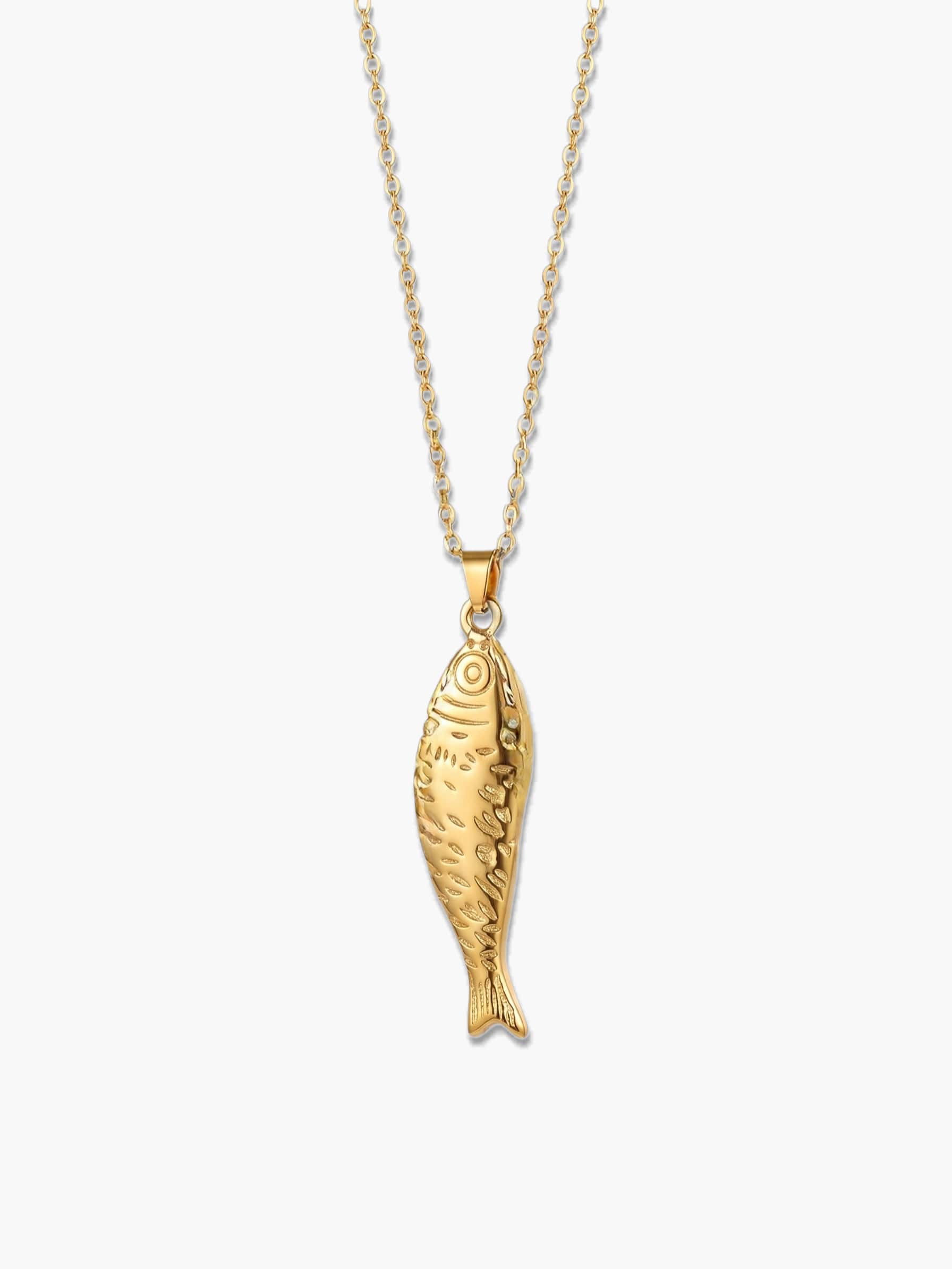 Front view of a vertical 18K gold fish pendant necklace featuring intricate textured scales, isolated against a clean minimalist light grey background