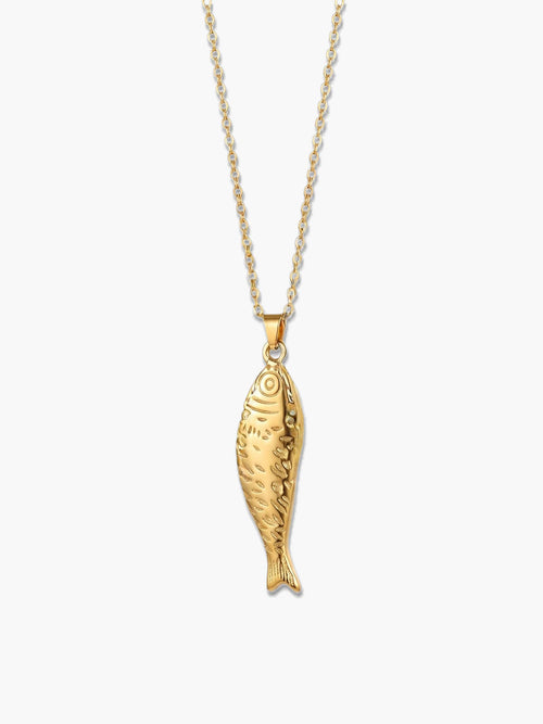 Front view of a vertical 18K gold fish pendant necklace featuring intricate textured scales, isolated against a clean minimalist light grey background