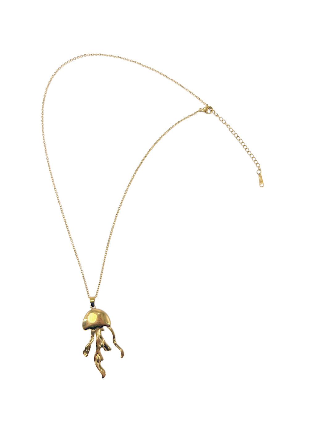Full flat lay view of the 18K gold jellyfish ocean necklace, showing the full chain length, adjustable extension, and secure lobster clasp on a pure white background