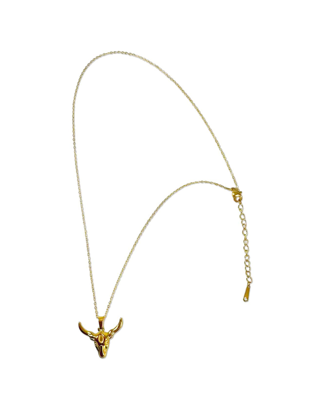 Full length view of the 18K gold plated bull necklace showing the detailed pendant and adjustable chain