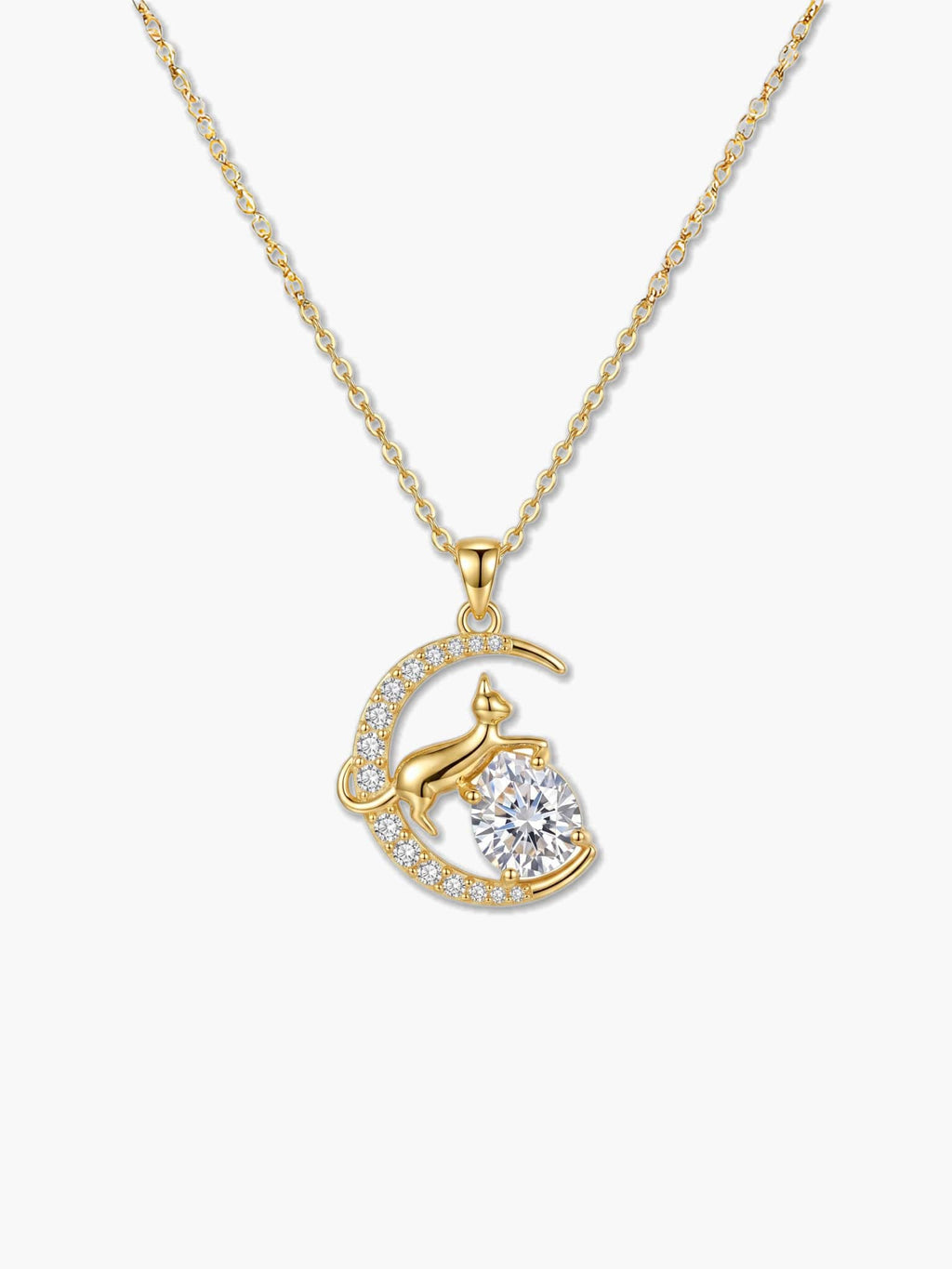 18K gold plated cat moon necklace for women featuring an elegant gold cat pendant resting on a crescent moon with a sparkling 5A cubic zirconia stone, isolated on a white background