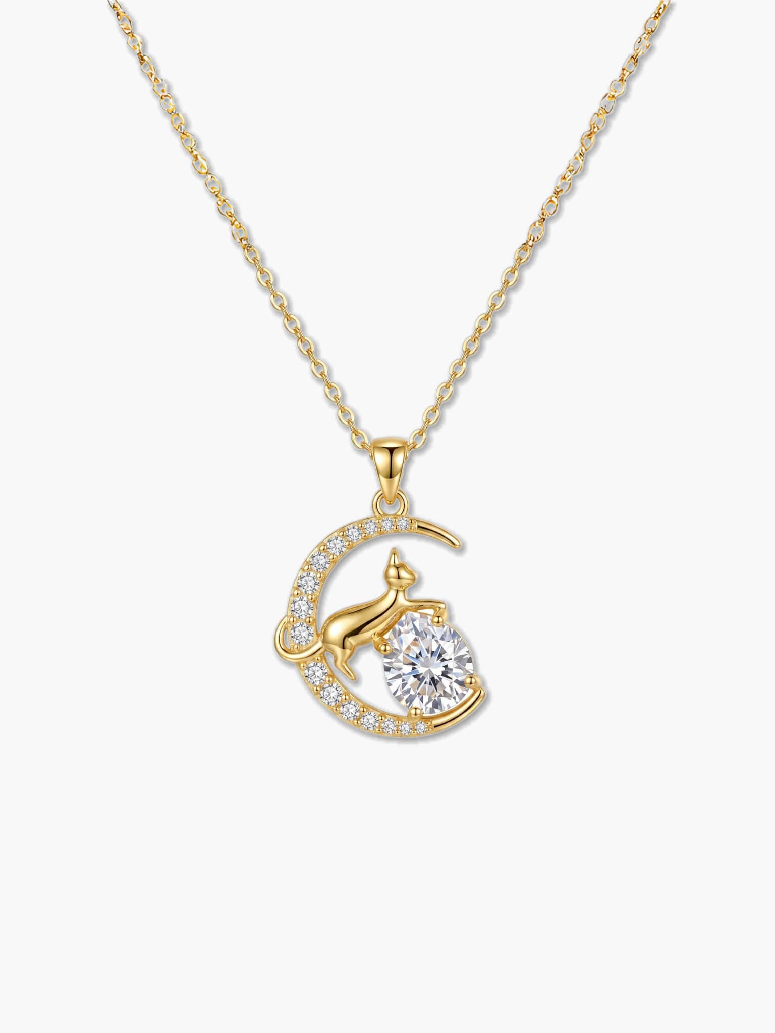 18K gold plated cat moon necklace for women featuring an elegant gold cat pendant resting on a crescent moon with a sparkling 5A cubic zirconia stone, isolated on a white background