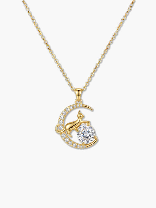 18K gold plated cat moon necklace for women featuring an elegant gold cat pendant resting on a crescent moon with a sparkling 5A cubic zirconia stone, isolated on a white background