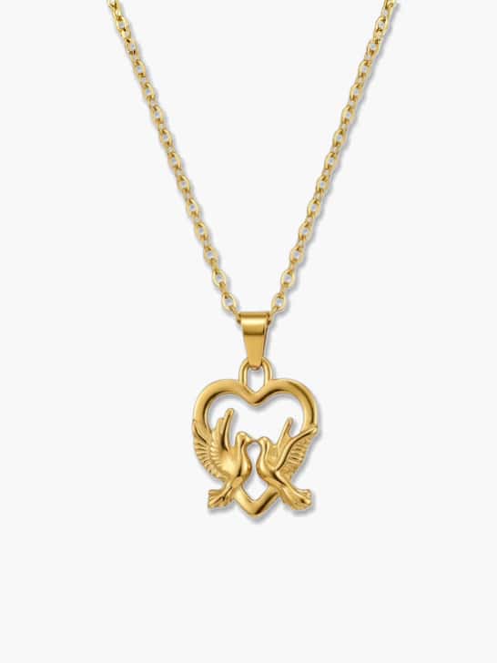 Close-up front view of an 18K gold plated heart dove pendant necklace with two interlocking doves inside a heart silhouette, hanging on a fine gold chain against a clean white background