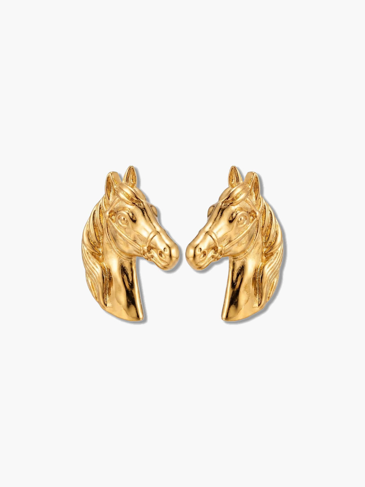 Pair of sculpted 18K gold plated horse earrings facing each other on a neutral background
