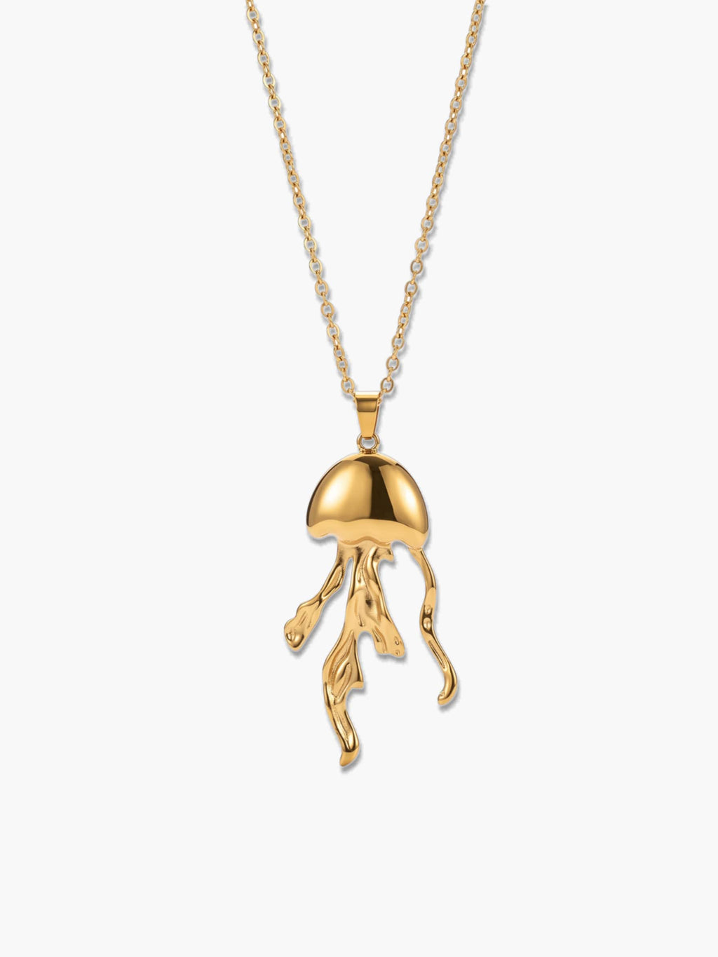 A close-up studio shot of a premium 18K gold-plated jellyfish necklace pendant hanging on a delicate gold chain against a clean, light gray background