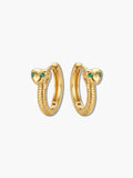 Pair of 18K gold snake earrings with emerald green cubic zirconia eyes on a white background