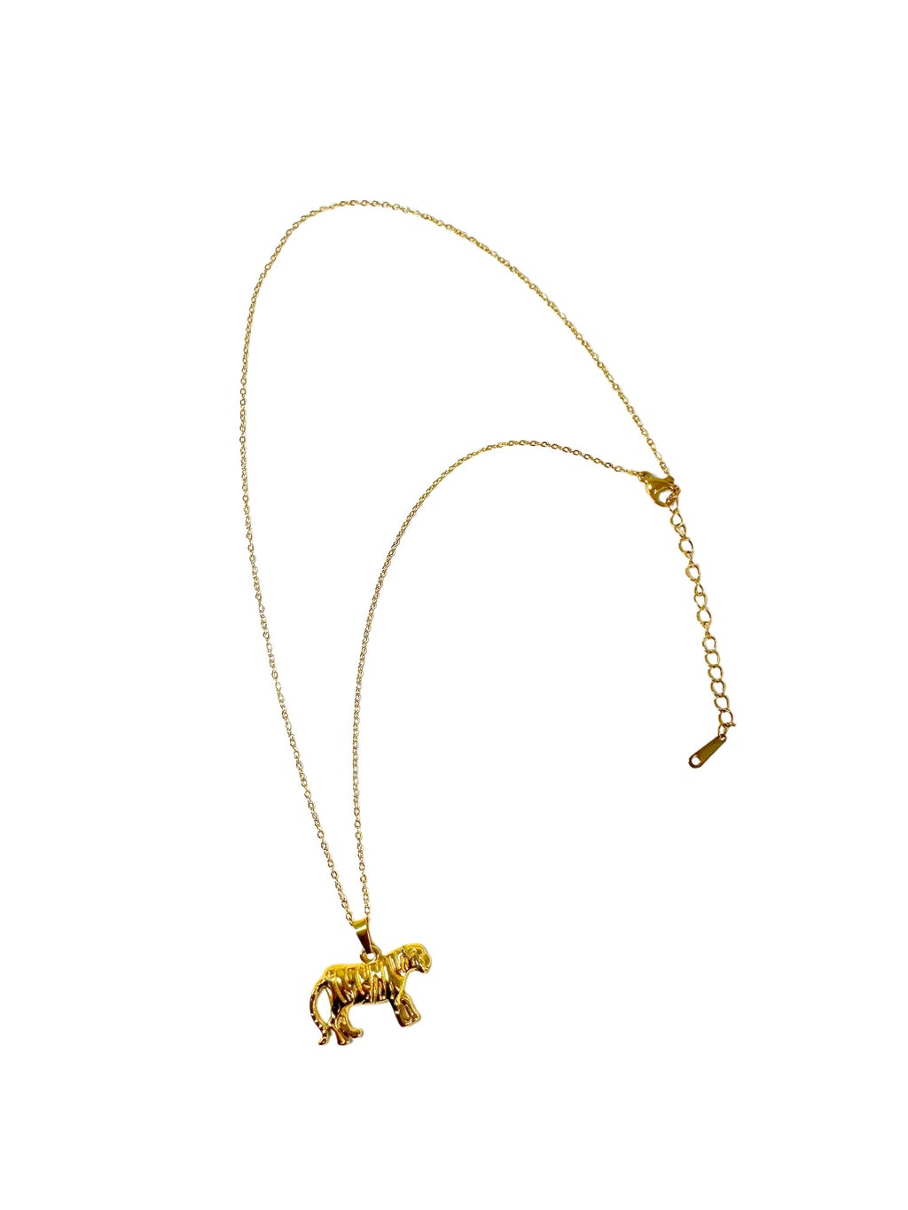 Full length view of the 18K gold plated tiger necklace on a delicate chain