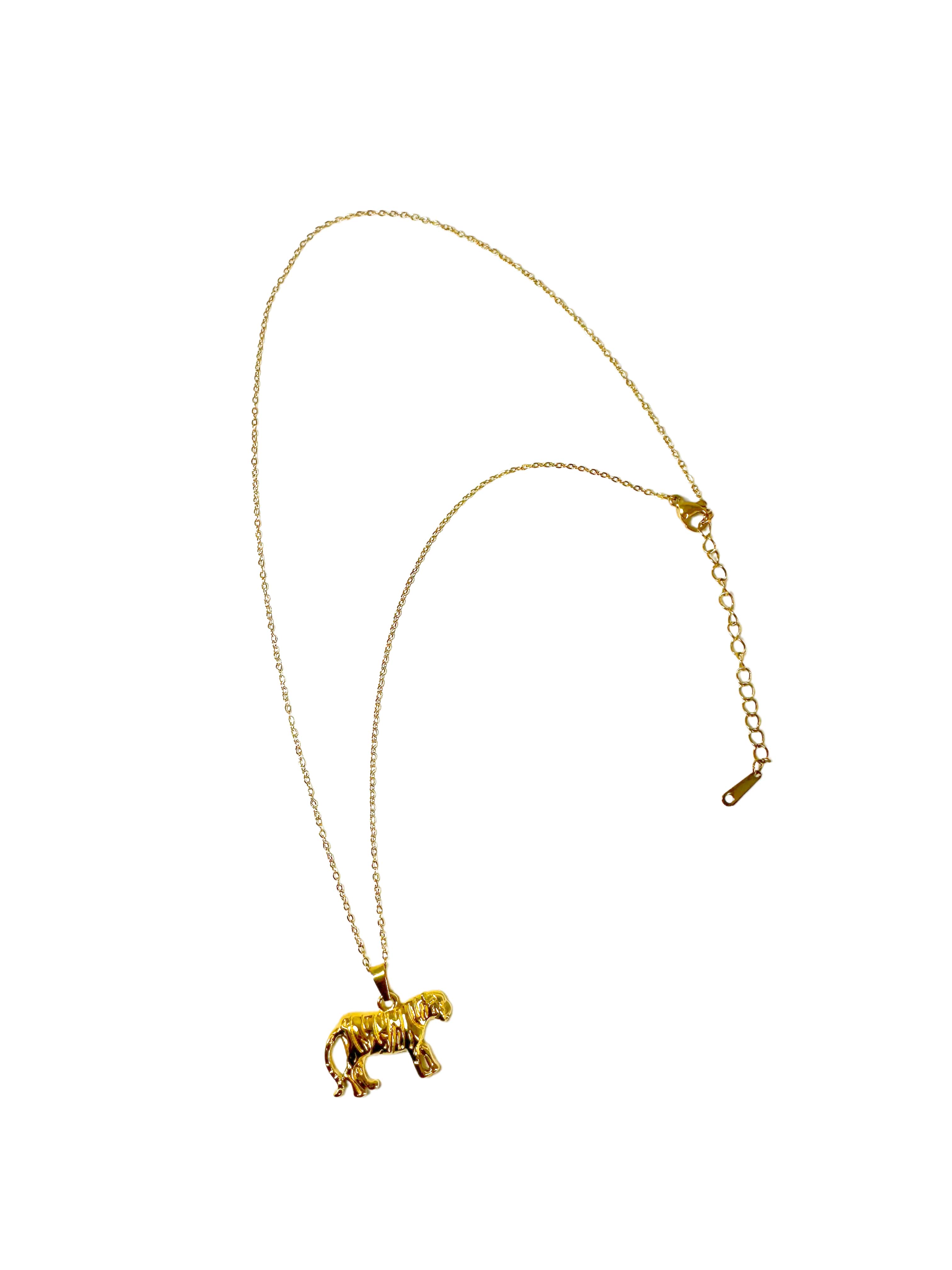Full length view of the 18K gold plated tiger necklace on a delicate chain