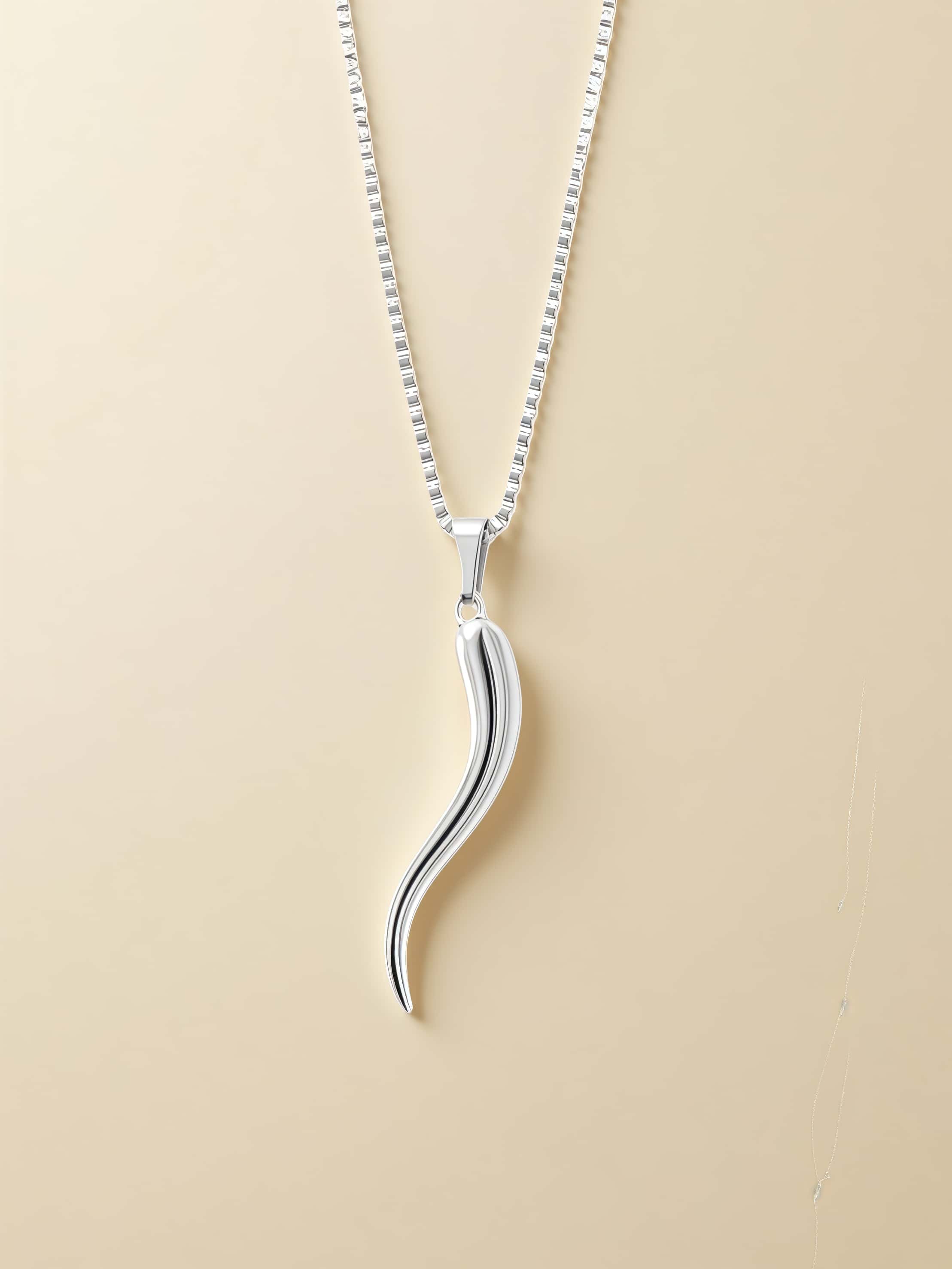 Silver necklace with a unique pendant on a beige background