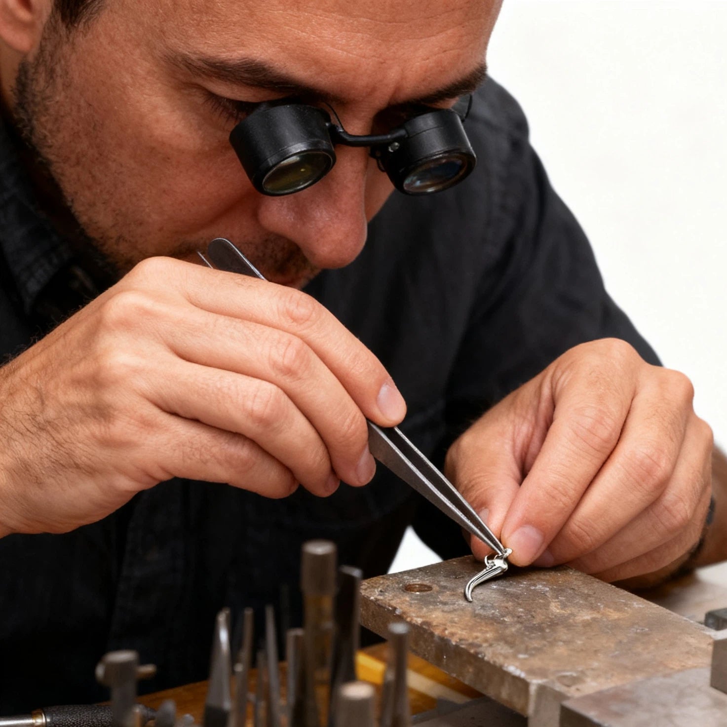 Person working with jewelry tools and magnifying glasses in a workshop setting