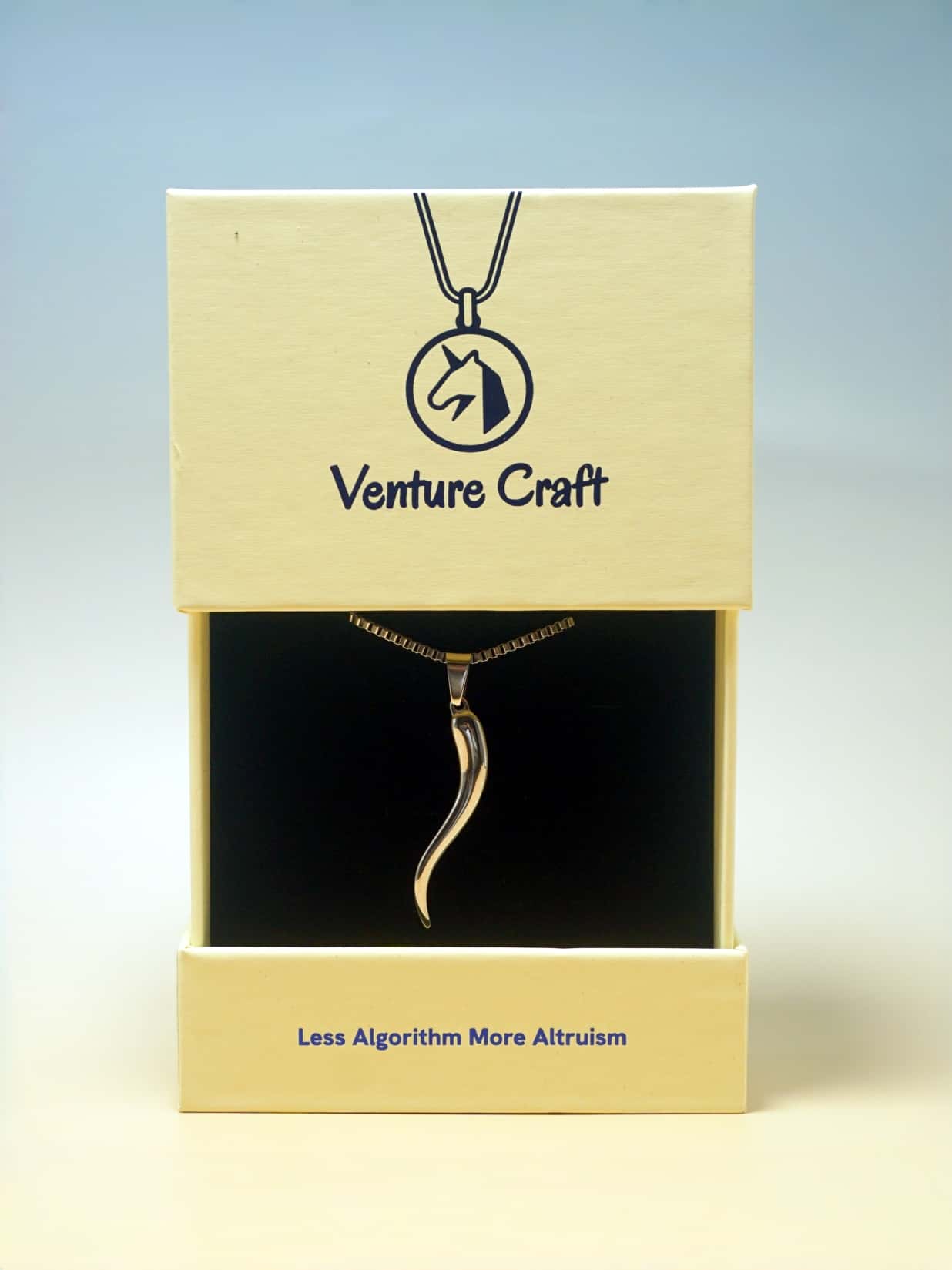 Gold necklace in a 'Venture Craft' box with a blue gradient background