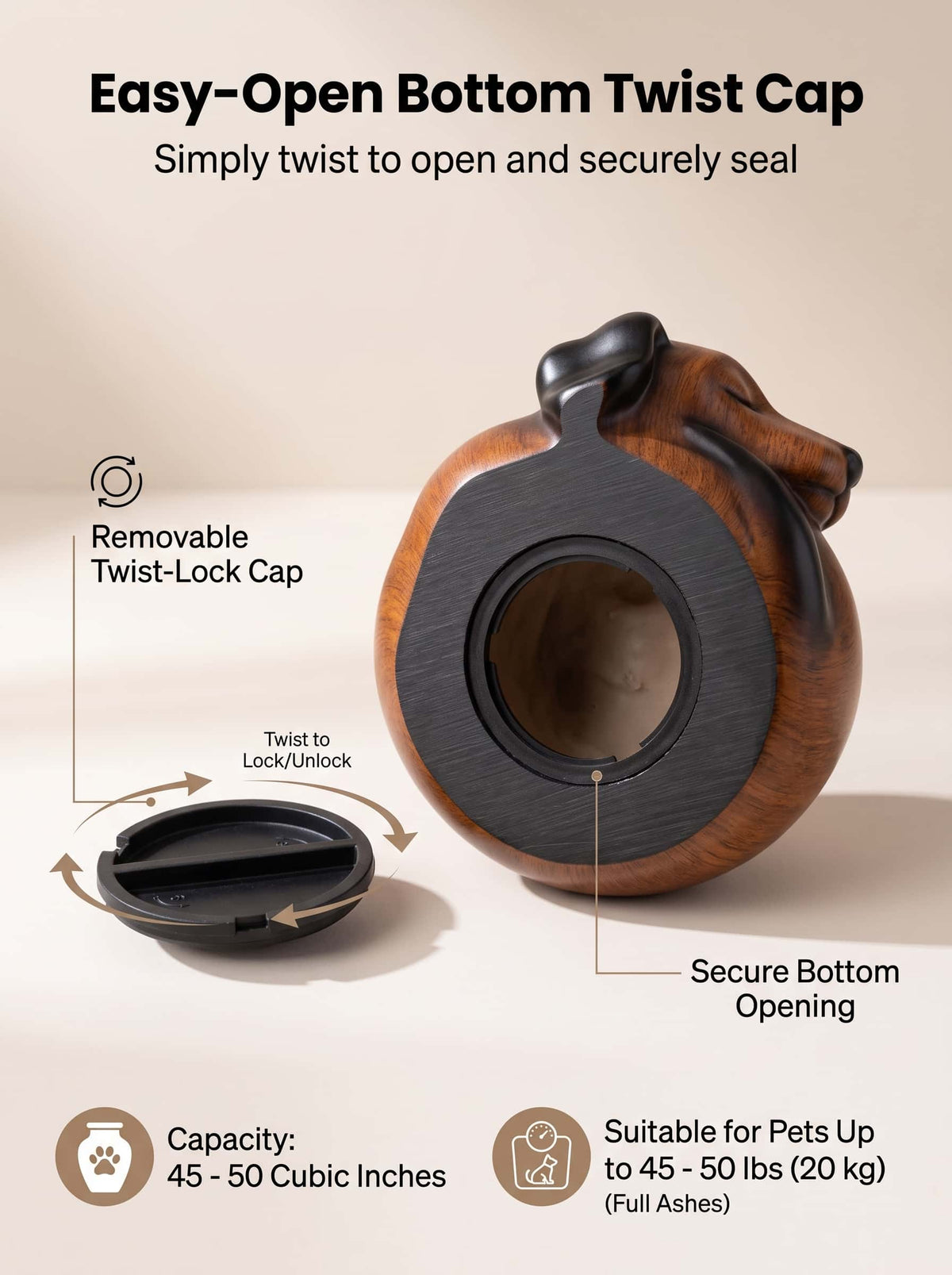 bottom view of the dog cremation urn showing the easy-open twist-lock cap with a 45 to 50 cubic inch capacity for pets up to 50 lbs