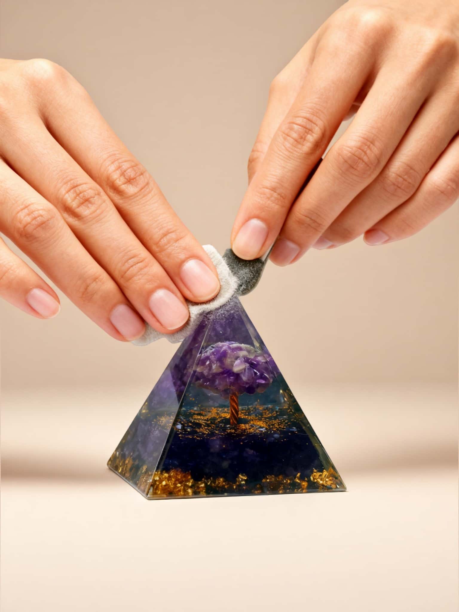 Person holding a pyramid-shaped crystal with a purple stone on a beige background