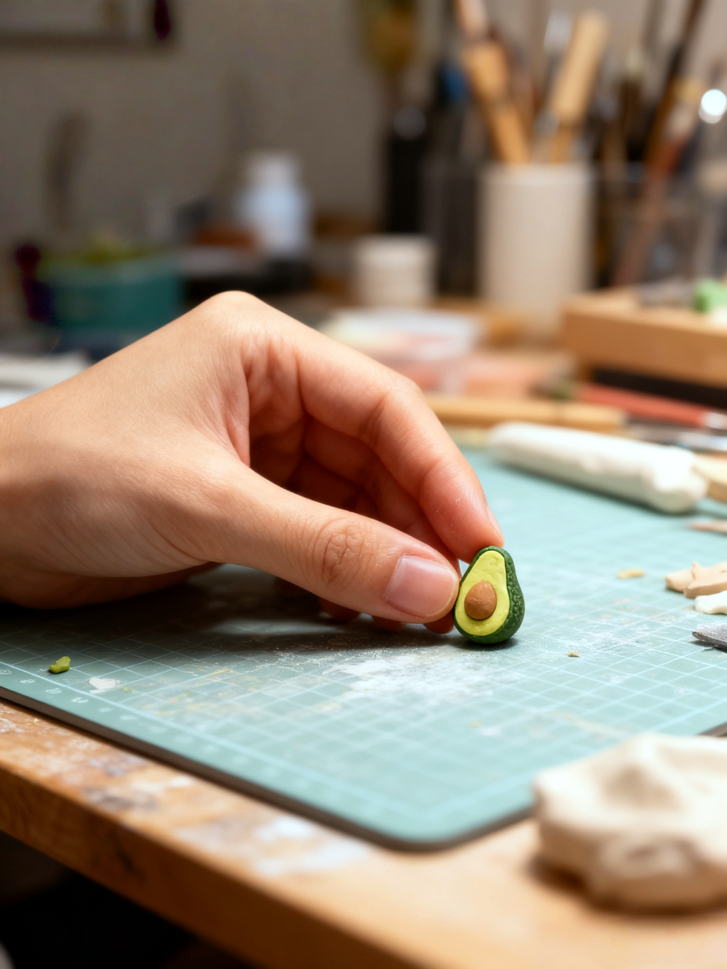 Hand holding a small avocado model on a green cutting board with art supplies in the background.