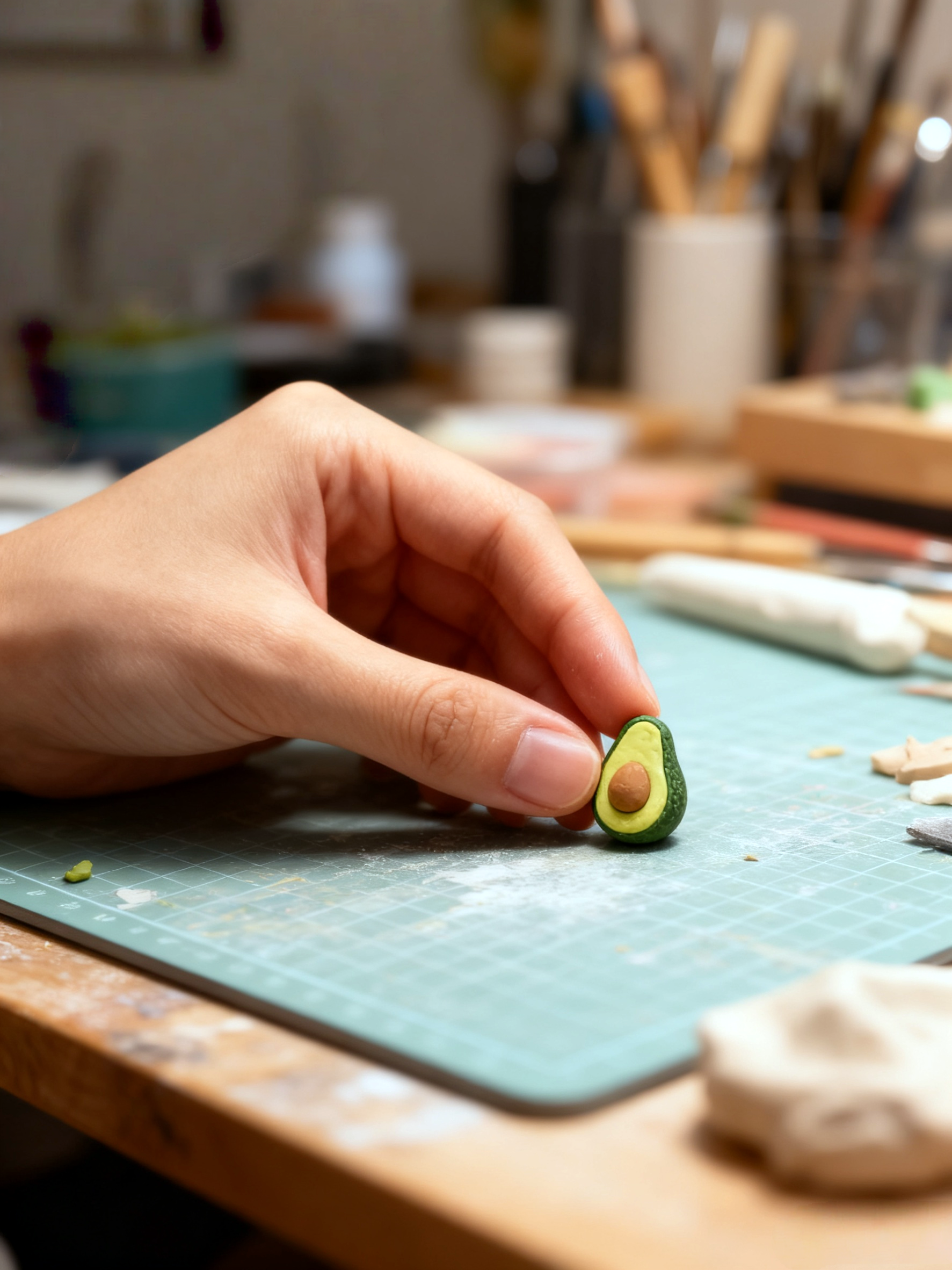 Hand holding a small avocado model on a green cutting board with art supplies in the background.