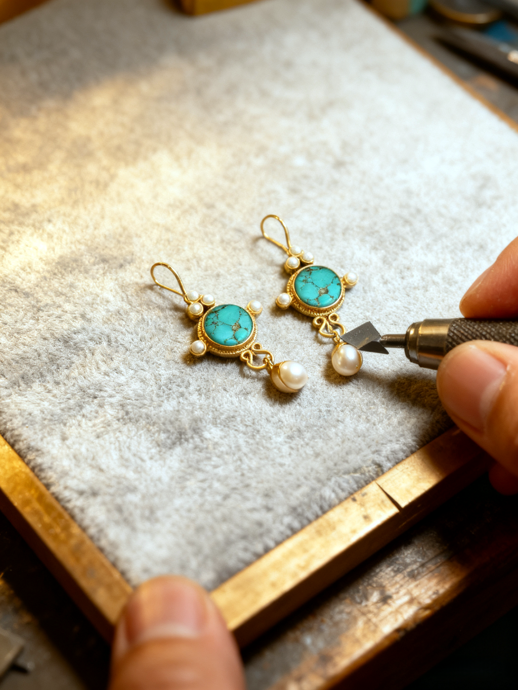 Gold earrings with turquoise stones and pearls being worked on by a craftsman.