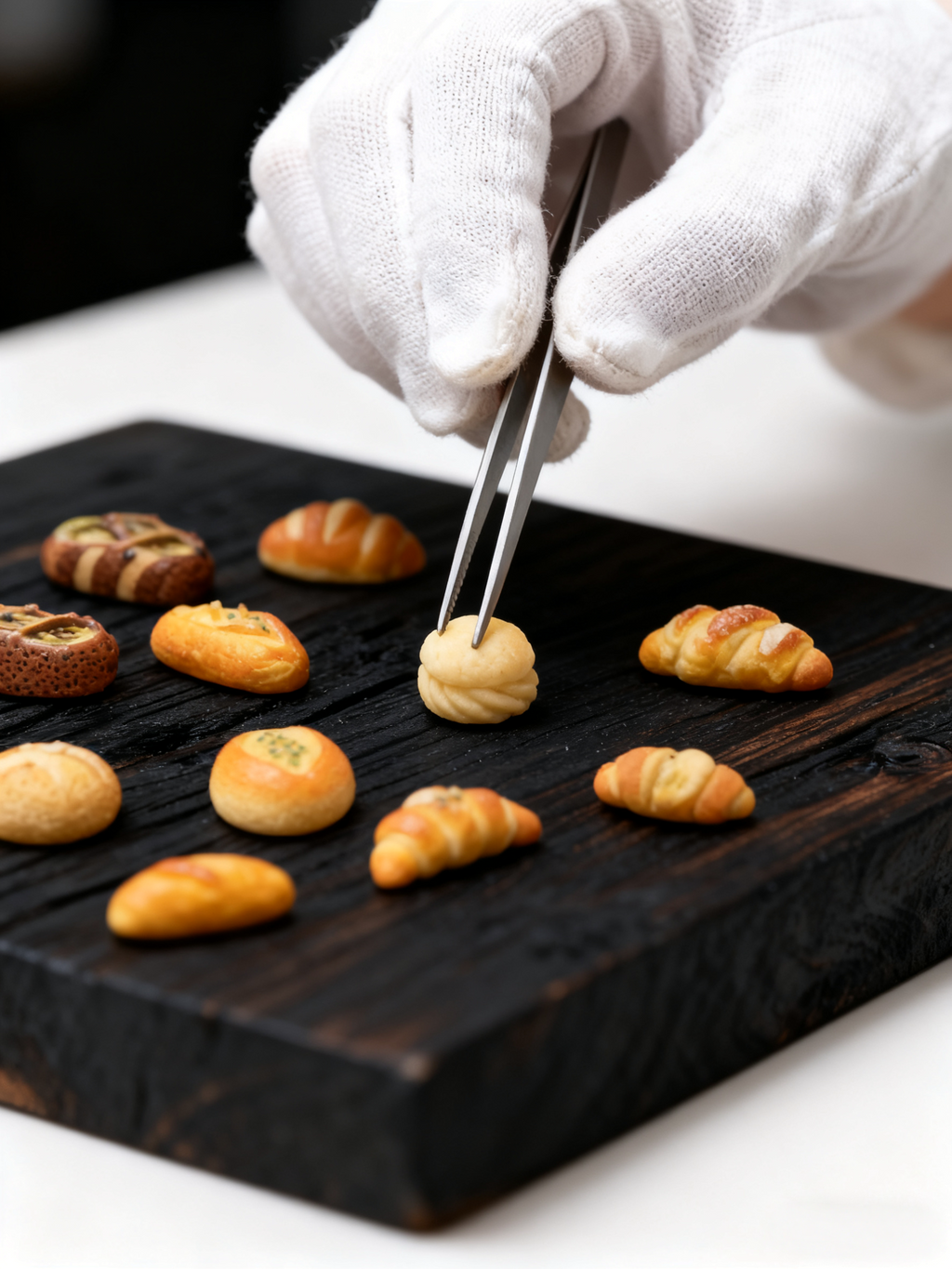 Hand with white glove using tongs to handle a small pastry on a wooden board with various pastries.