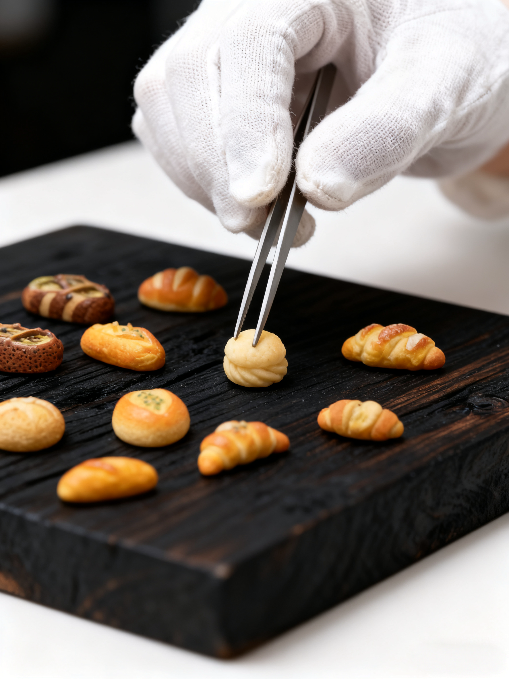 Hand with white glove using tongs to handle a small pastry on a wooden board with various pastries.
