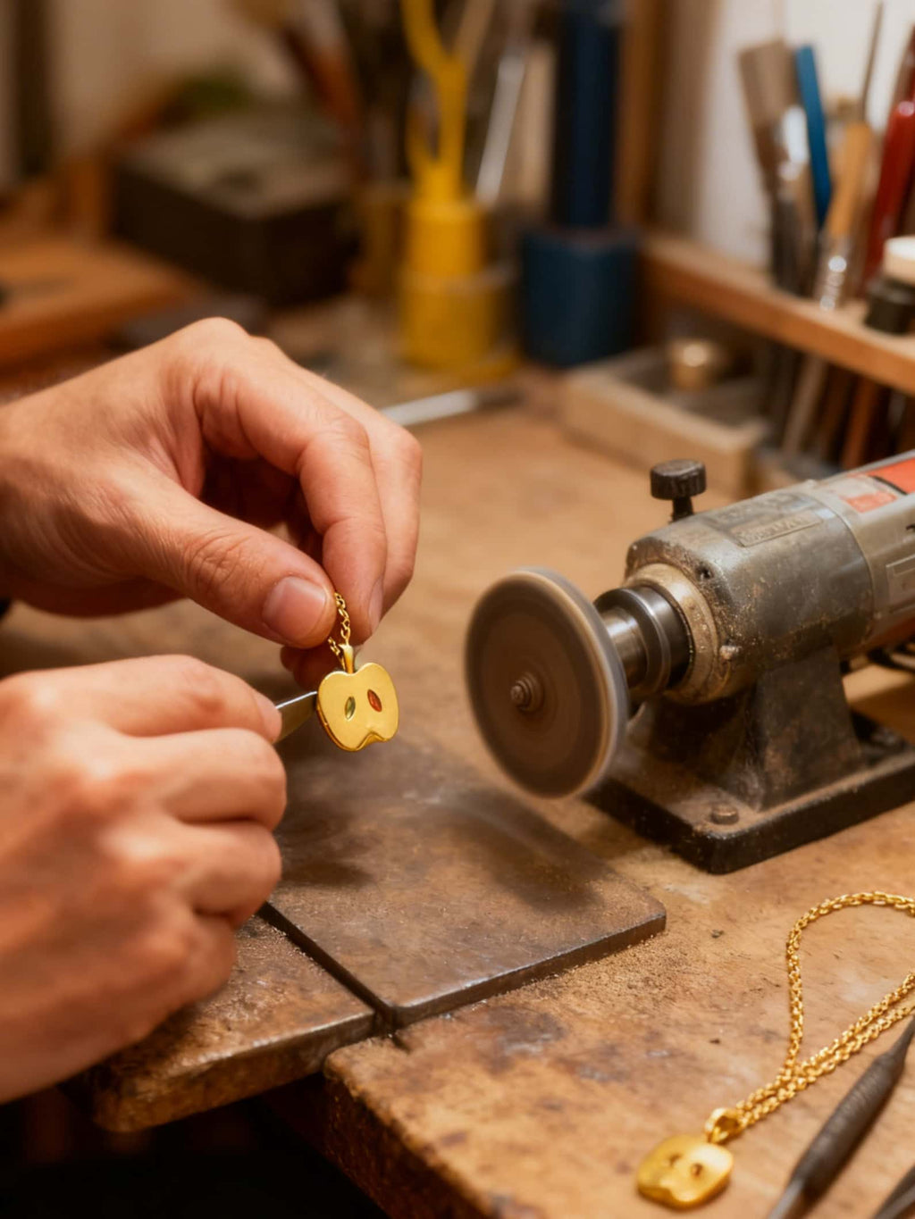 Person working on a gold pendant with a workshop background