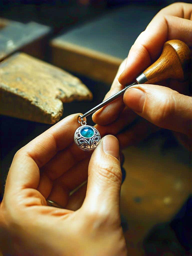Person working on a silver pendant with a blue gemstone using a tool.