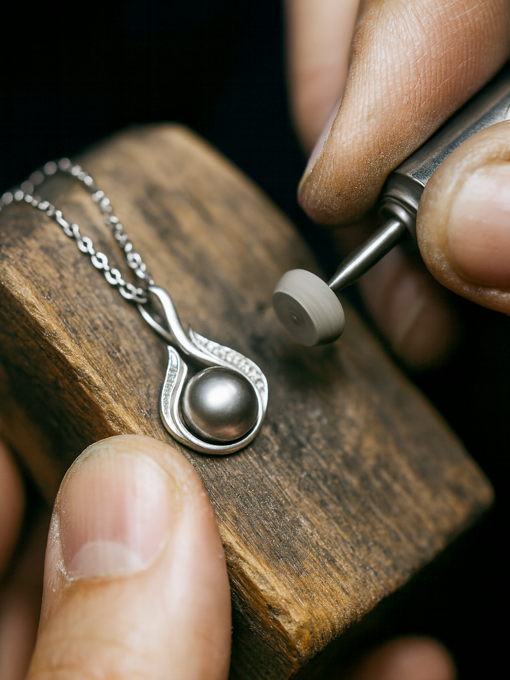 Silver pendant on a chain held by a person over a wooden surface