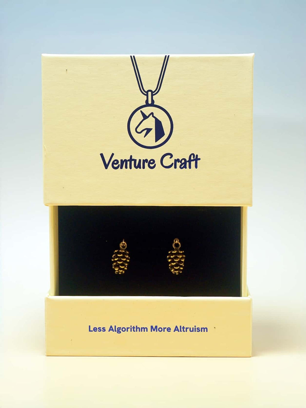 Gold pineapple earrings in a Venture Craft box with a blue background