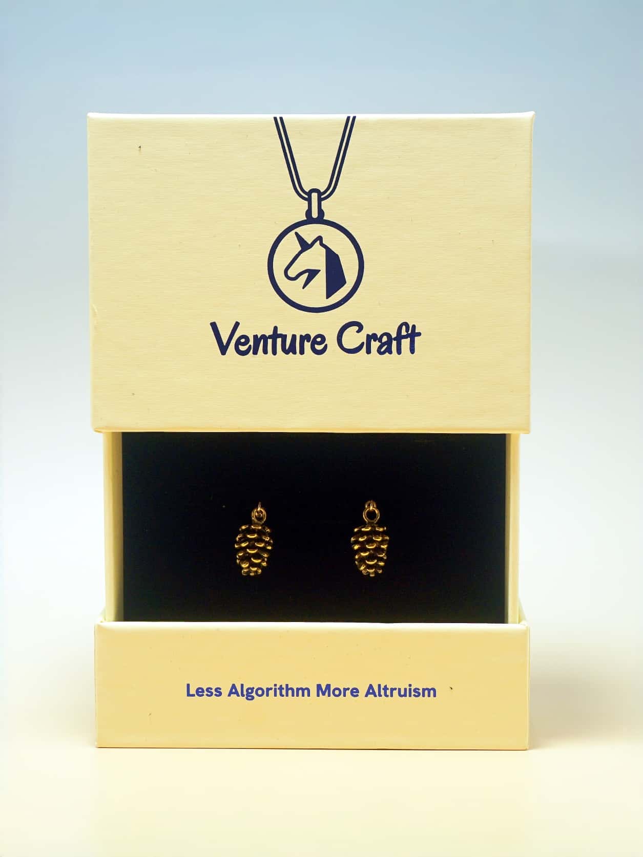 Gold pineapple earrings in a Venture Craft box with a blue background