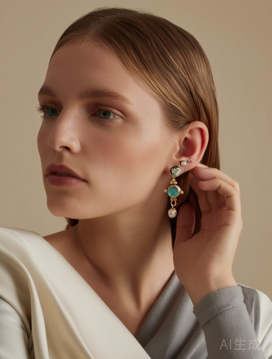 Woman wearing a pair of earrings against a neutral background