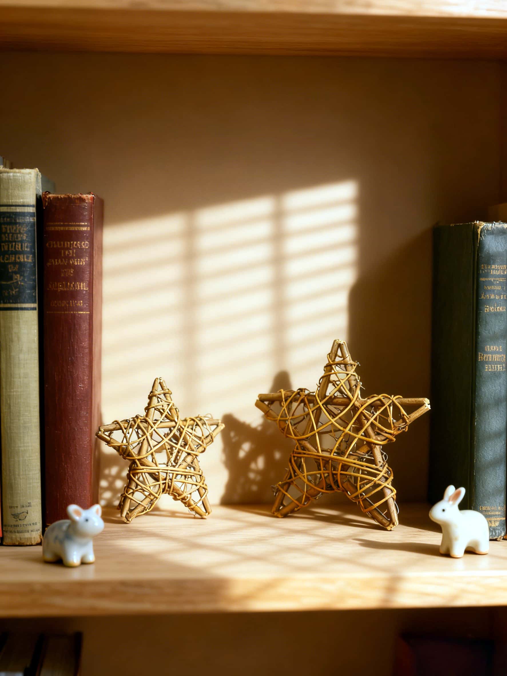 Decorative star-shaped objects on a shelf with books and small figurines.