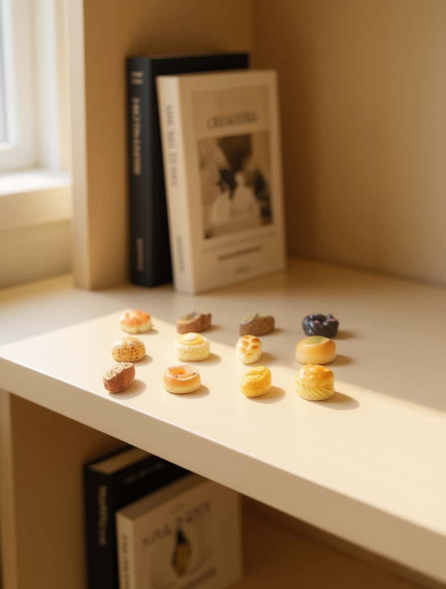 Small food items on a shelf with books in the background