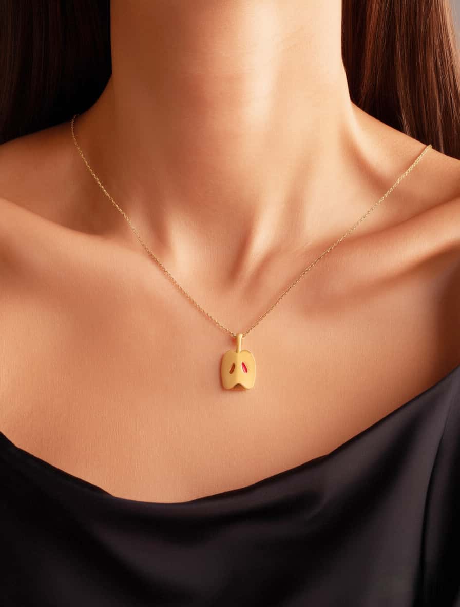 Gold necklace with a pendant on a person wearing a black top