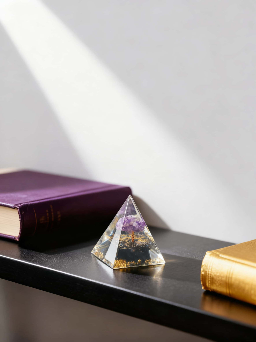 Pyramid-shaped crystal on a shelf with books