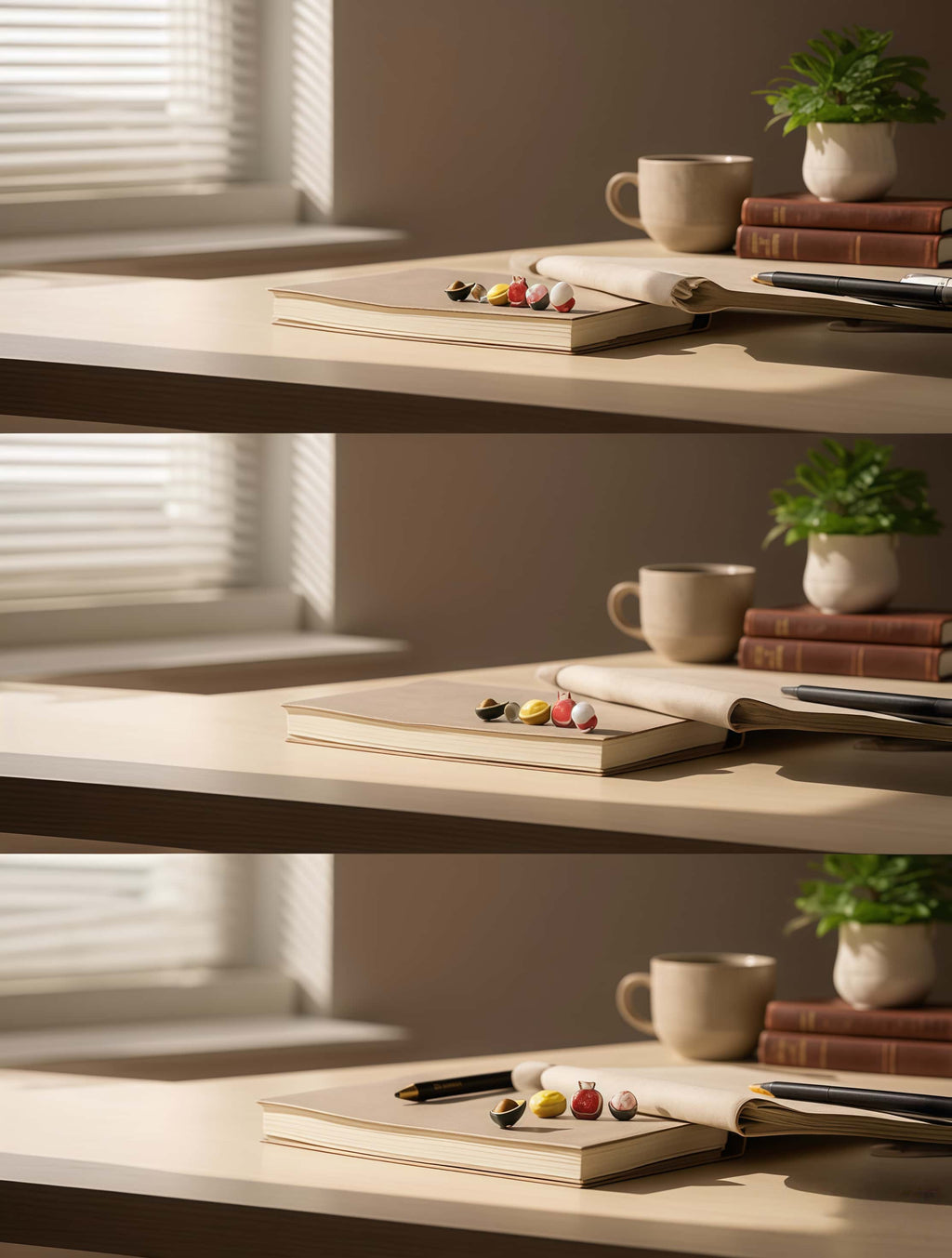 Two identical office desks with books, cups, and small plants in a room with light filtering through blinds.