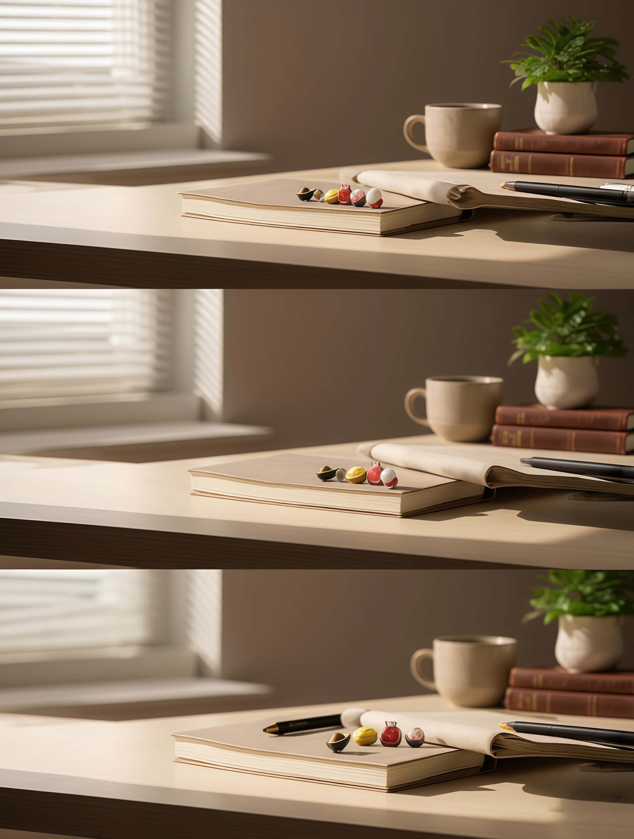 Two identical office desks with books, cups, and small plants in a room with light filtering through blinds.
