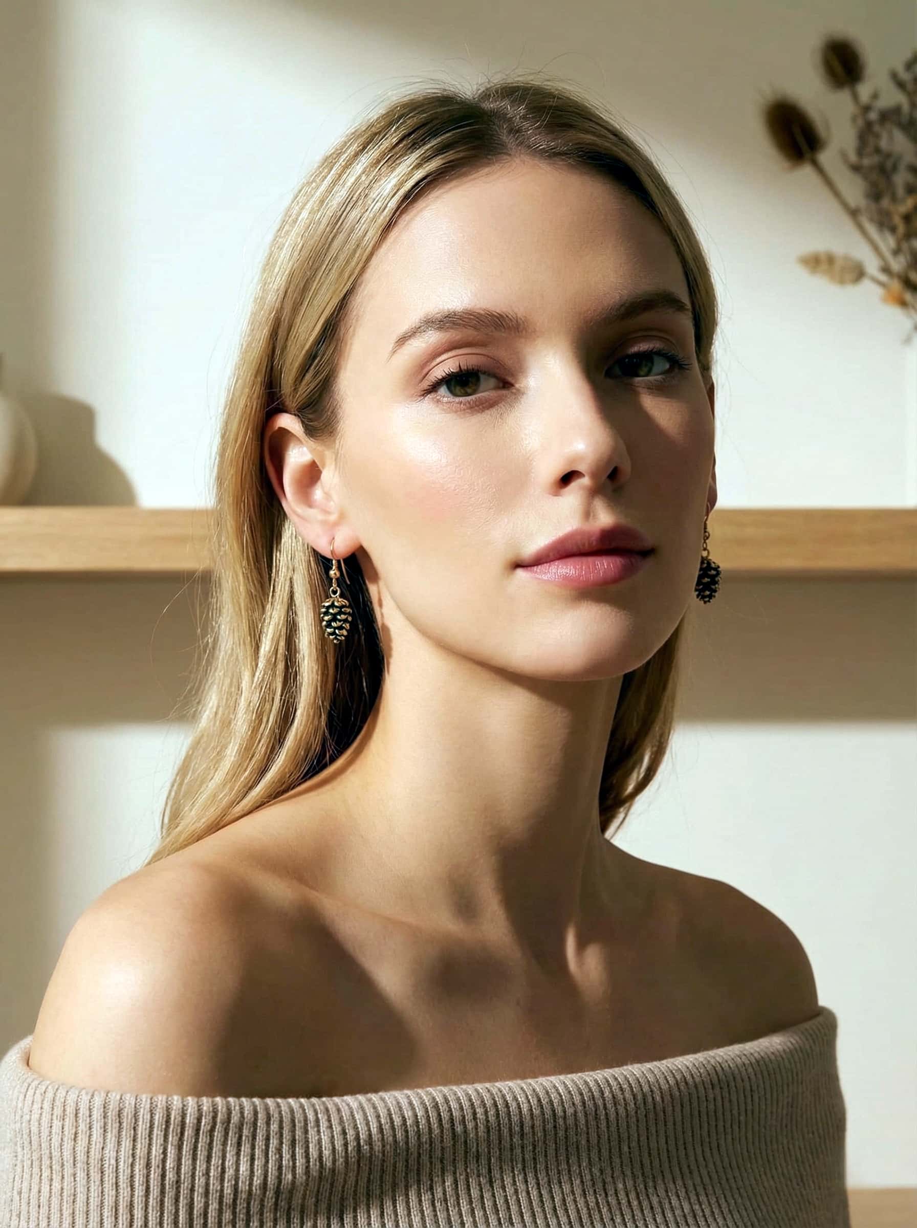 Woman wearing earrings with a neutral background