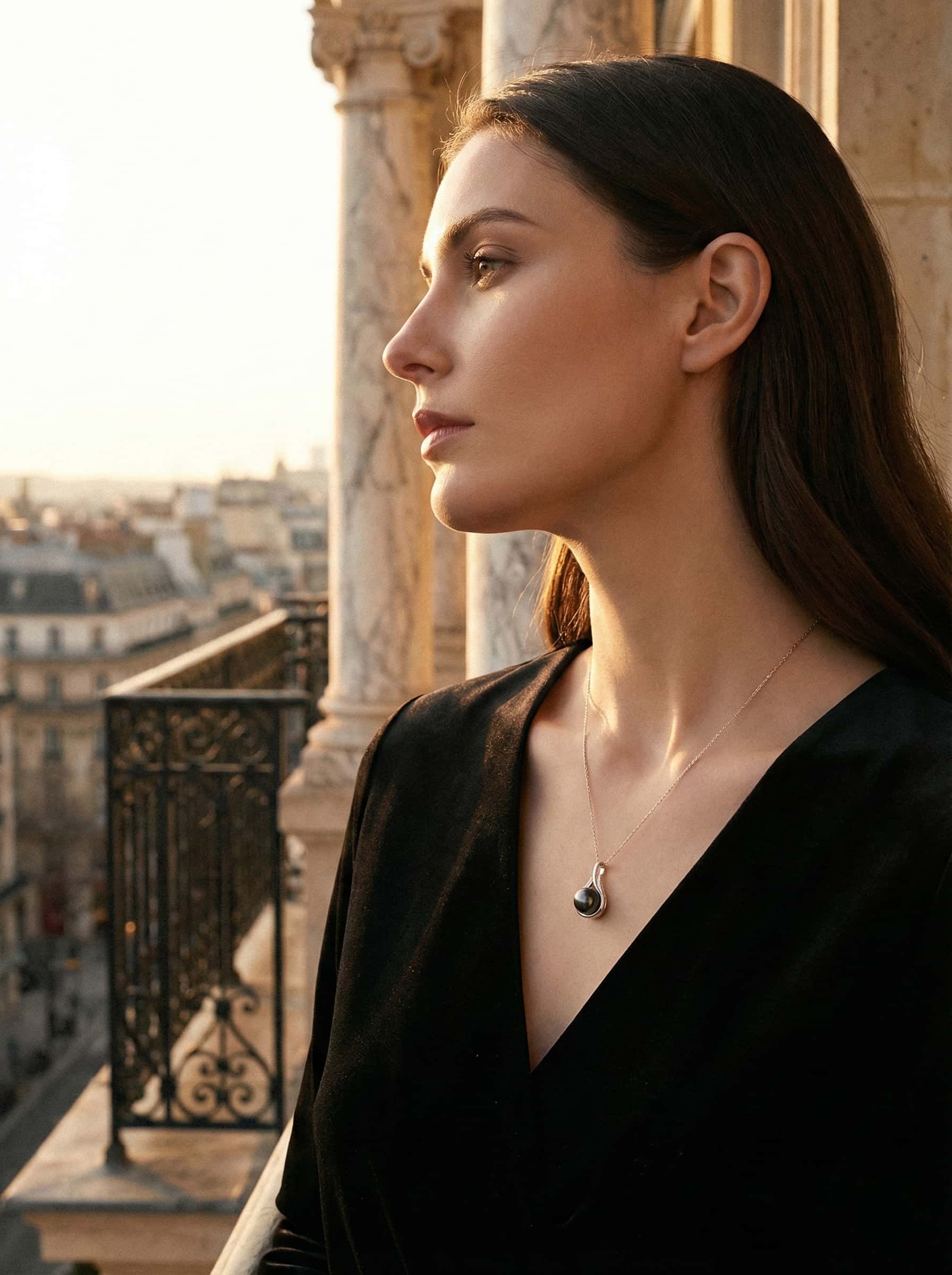 Woman wearing a black dress with a necklace, standing on a balcony with a cityscape view.