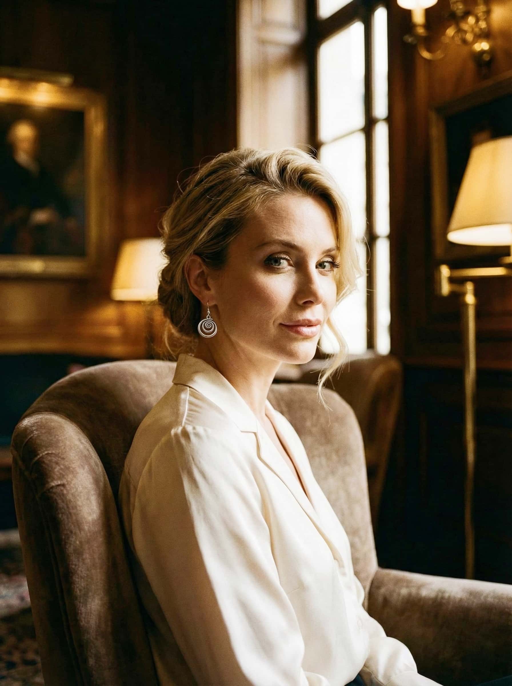 Woman sitting in a chair in a room with warm lighting and decor.