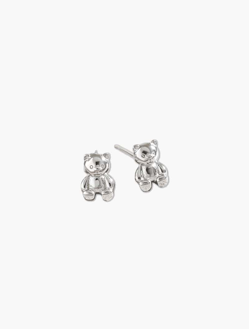 Silver teddy bear earrings on a white background