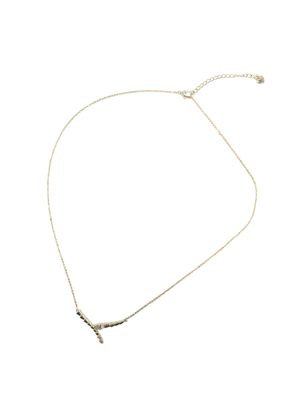 Full-length view of the adjustable gold snake necklace chain showing the secure lobster clasp and an elegant small heart charm at the extension