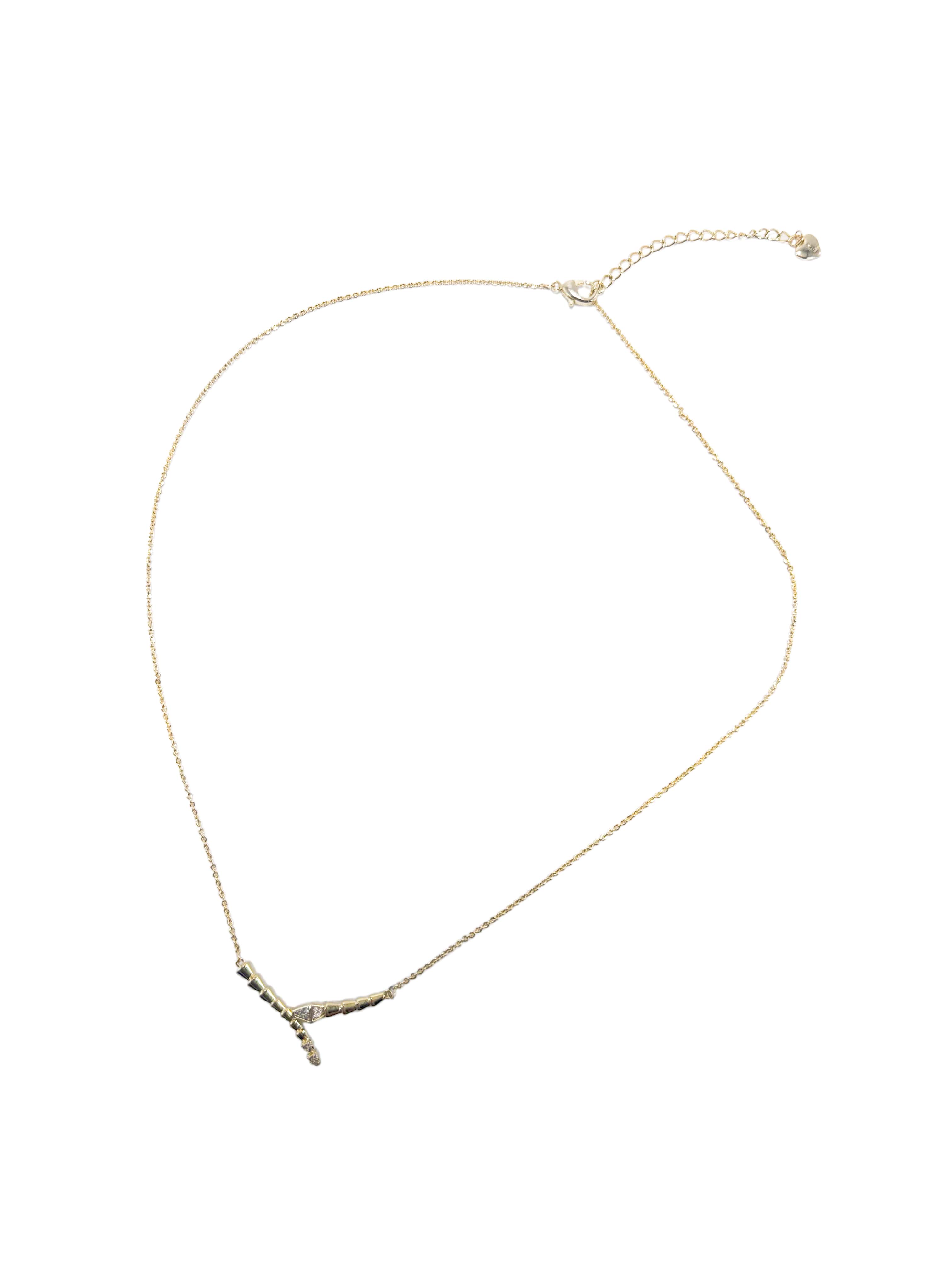 Full-length view of the adjustable gold snake necklace chain showing the secure lobster clasp and an elegant small heart charm at the extension