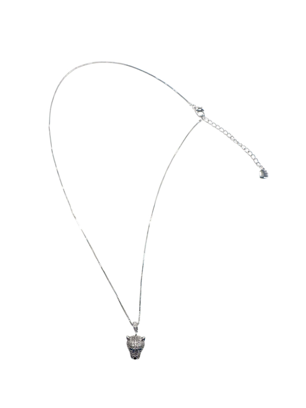 Full layout of the leopard necklace on a white background, highlighting the durable box chain, lobster clasp, and an adjustable extension with a tiny heart charm
