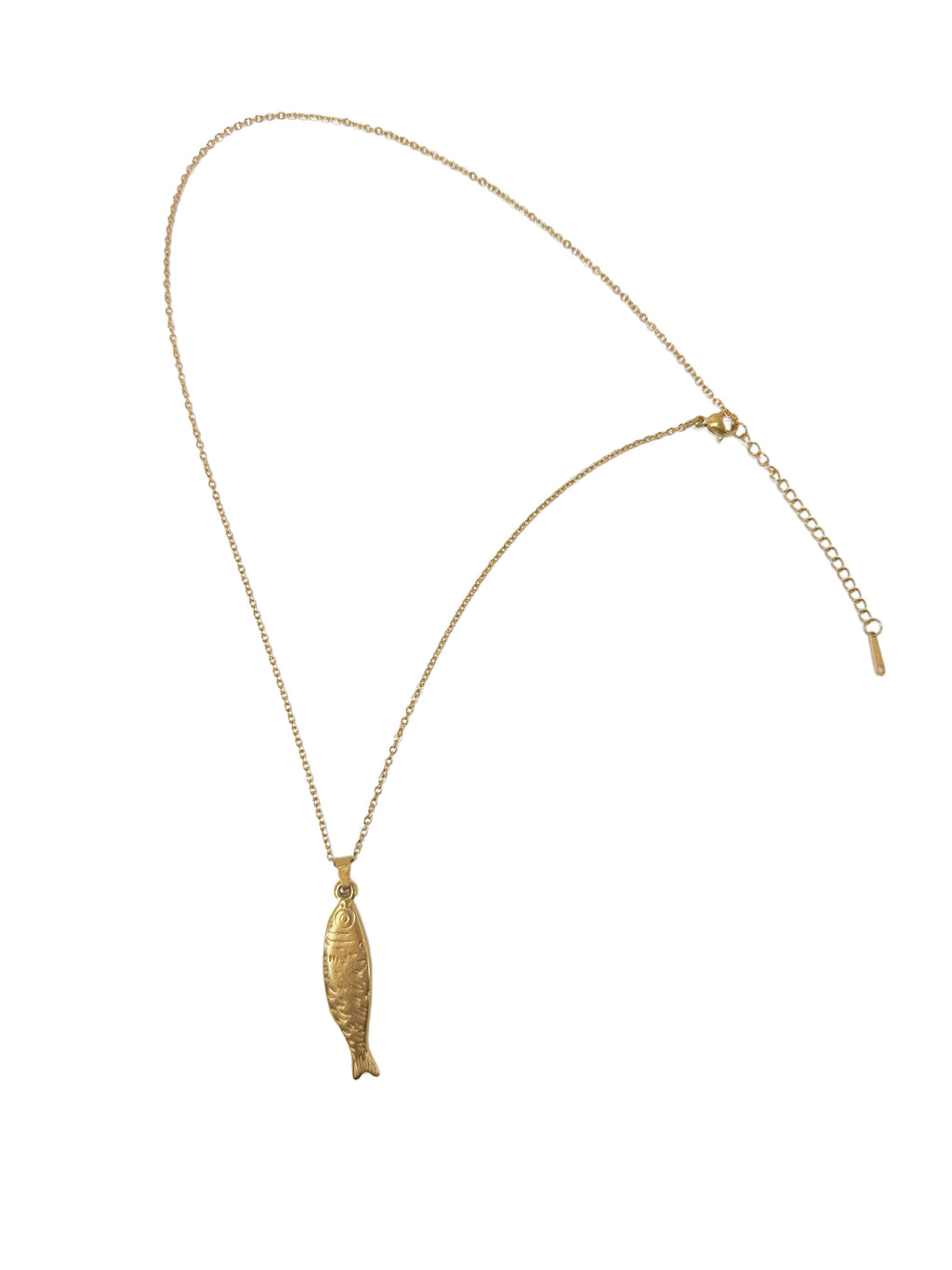 Overhead flat lay of the complete gold fish necklace showing the delicate cable chain, secure lobster clasp, and adjustable sizing extender on a pure white background