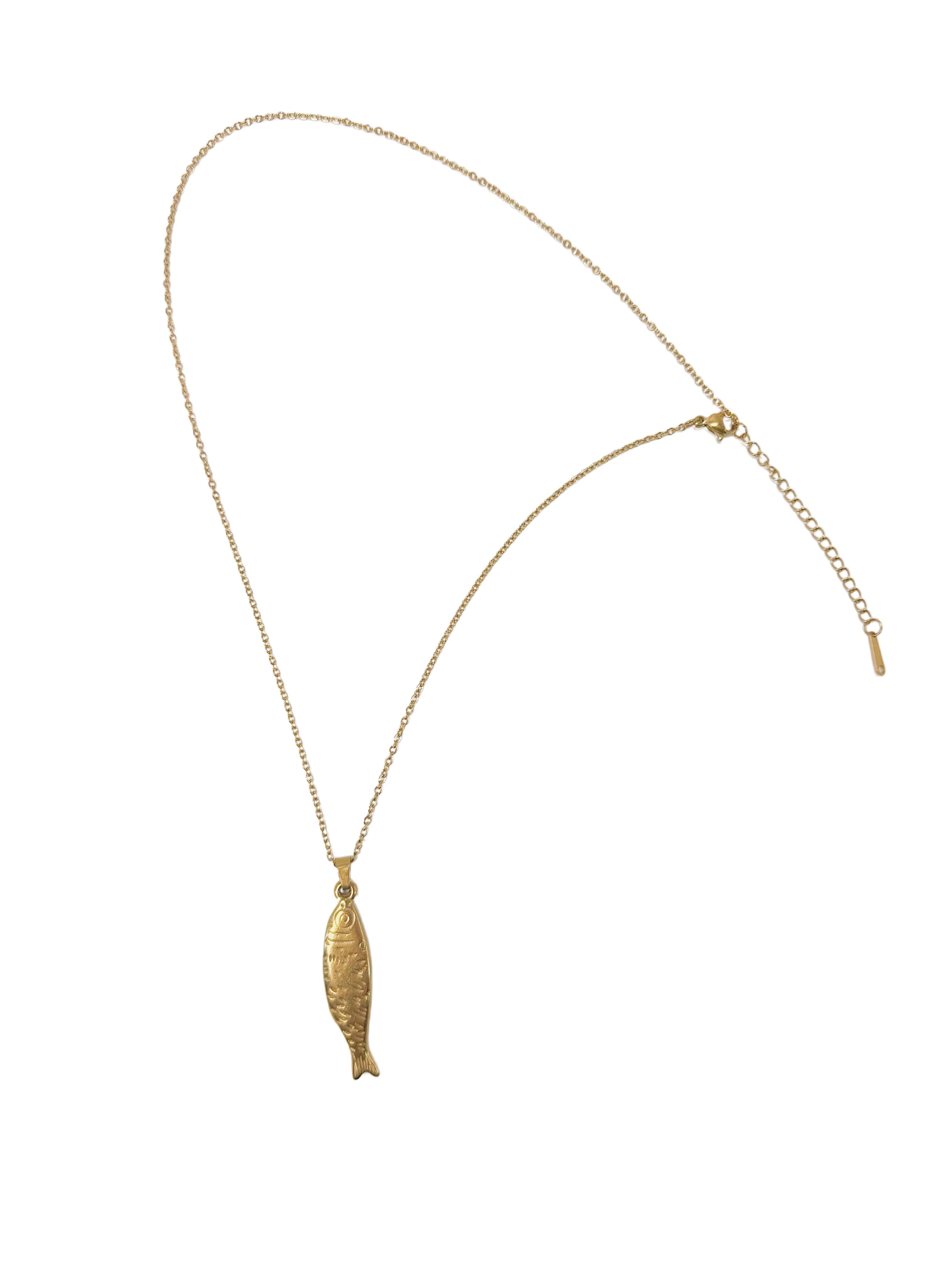 Overhead flat lay of the complete gold fish necklace showing the delicate cable chain, secure lobster clasp, and adjustable sizing extender on a pure white background