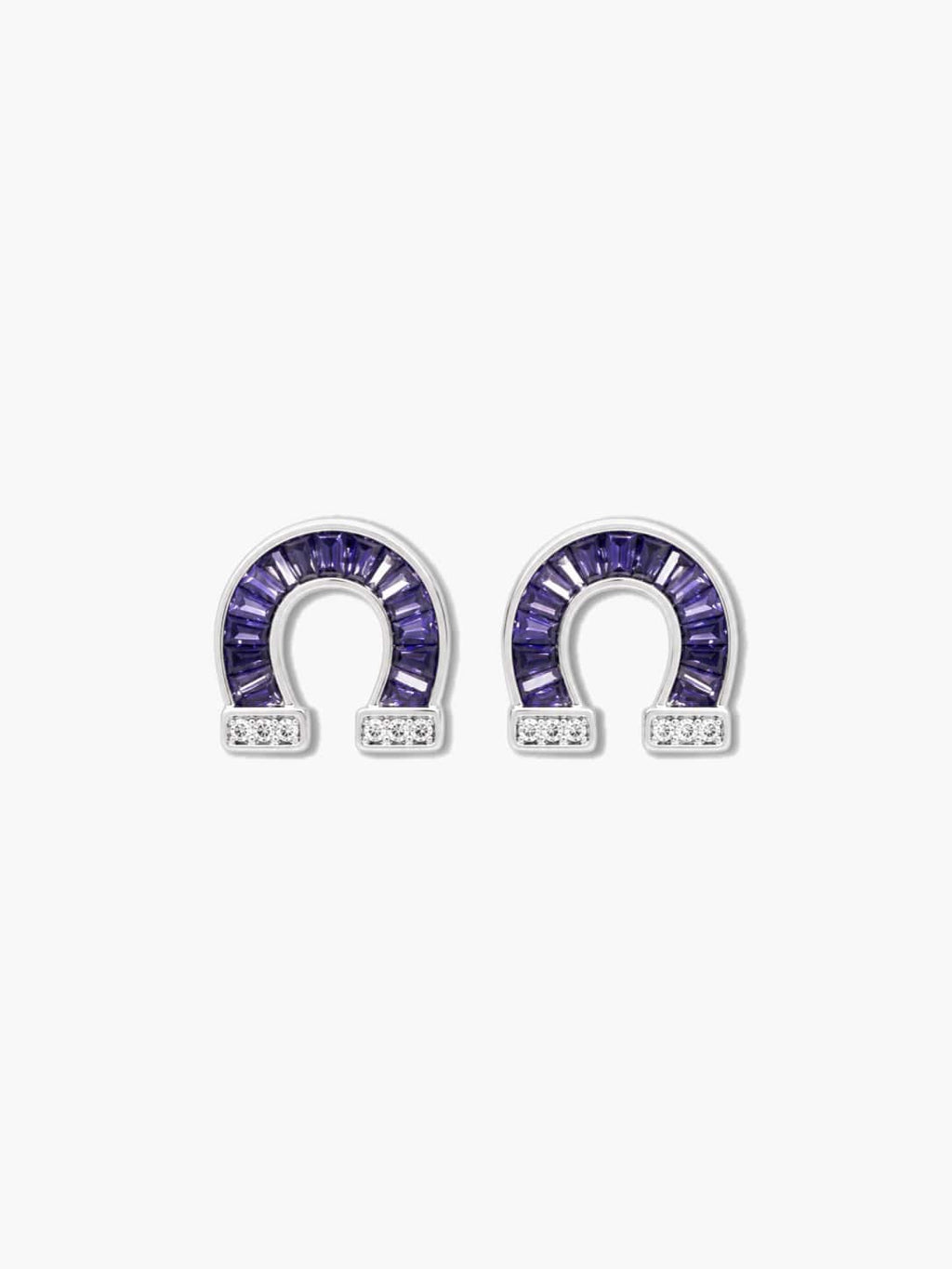 A pair of Venture Craft amethyst purple baguette horseshoe earrings displayed upright against a clean white background