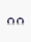 A pair of Venture Craft amethyst purple baguette horseshoe earrings displayed upright against a clean white background